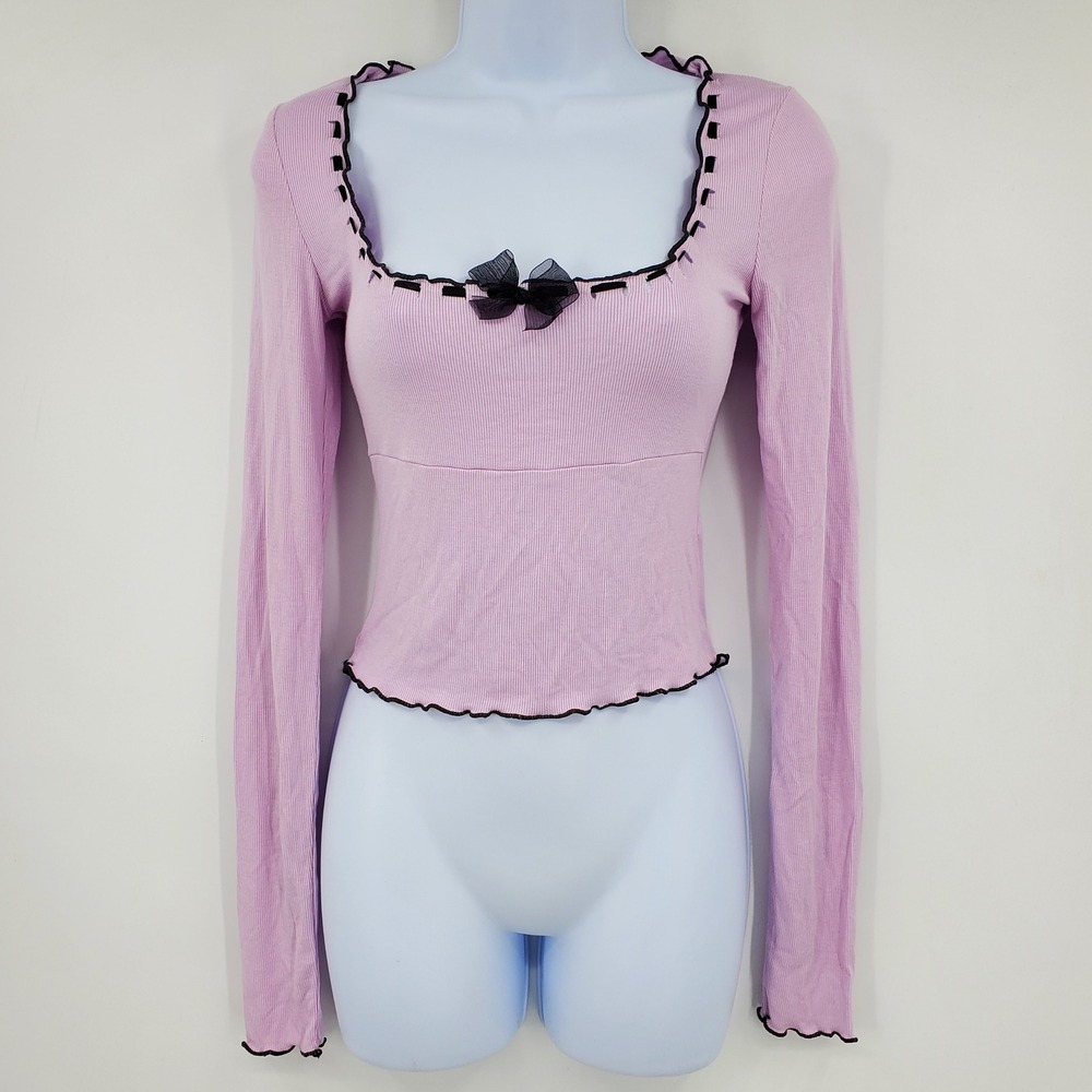 Out‎ From Under Purple Ribbed Long Sleeve Bow Top S Square Neck Balletcore Fairy